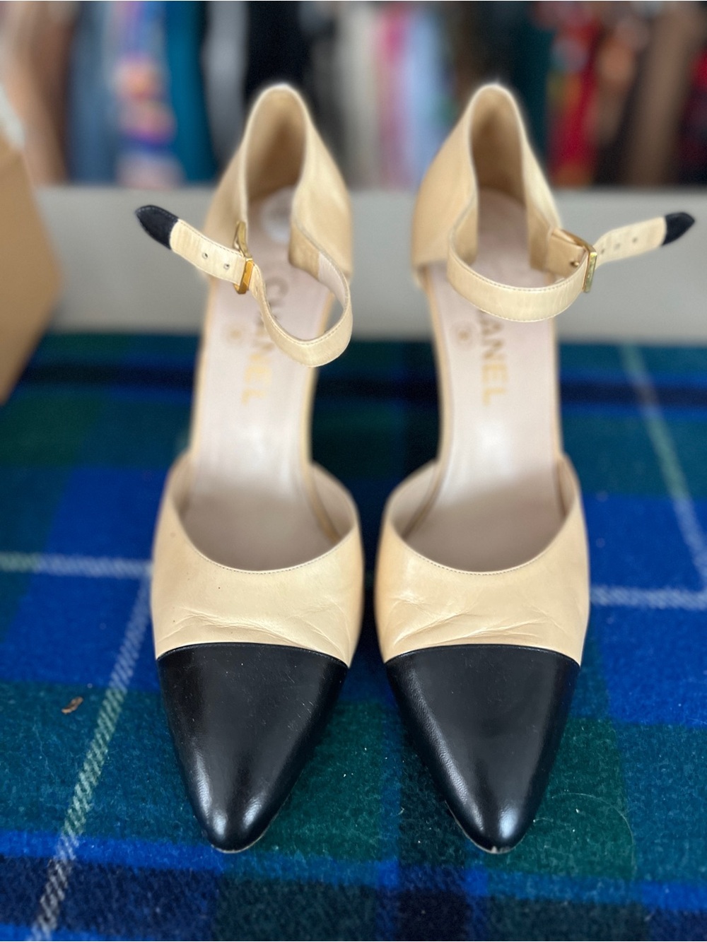 CHANEL Two-Tone Pointed Toe Ankle Strap Pumps in Beige & Black
